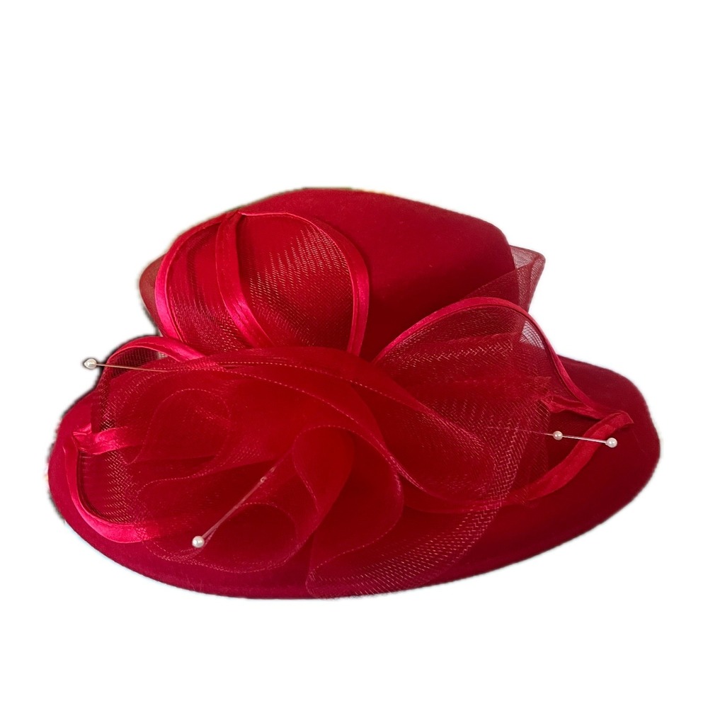 Vintage 60s Red Wool Pillbox-Style Hat Rose Fascinator Trim Fall Winter Chic